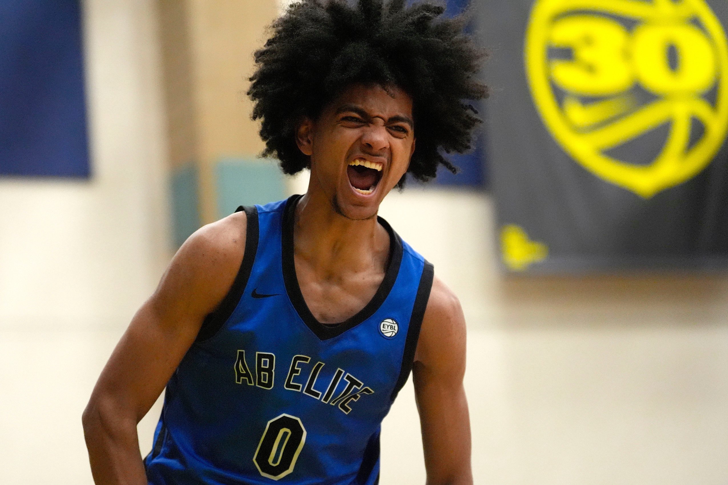 AB Elite Beckham Black (0) celebrates after scoring during the third day of the 2026 Nike EYBL Peach Jam at Riverview Park Activities Center in North Augusta, S.C., on Thursday, July 16, 2026. AB Elite defeated Brad Beal Elite 76-63.