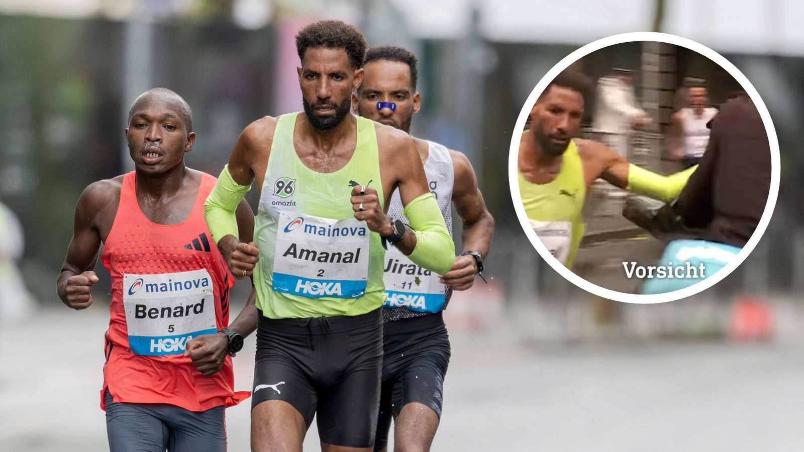 Diese Situation erhitzt die Gemüter nach dem Marathon in Frankfurt: Elite-Athlet Amanal Petros schubste auf den letzten Kilometern einen Lieferdienstfahrer, der in seinem Laufweg stand.