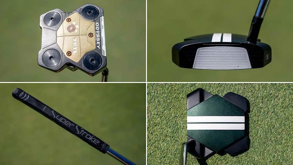 A collage of four close-up images of a golf putter: the clubhead from above, the clubhead face, the grip with Super Stroke text, and the clubhead resting on grass, showing two white alignment lines—just like a Bag Spy feature on Min Woo Lee's gear.