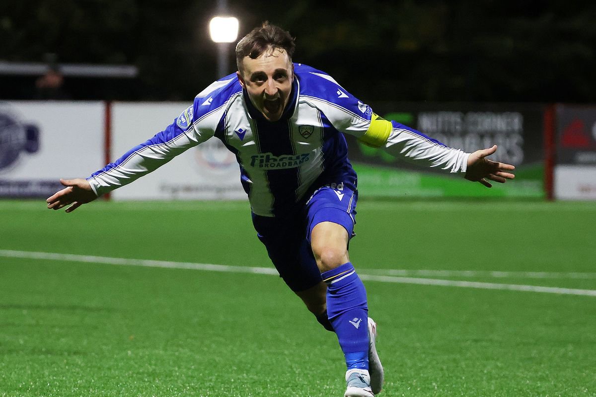 Coleraine’s Joel Cooper celebrates scoring their third goal against Larne at Inver Park on Friday night