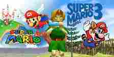 Super Mario 64, Ocarina of Time, and Super Mario Bros 3 images side by side.