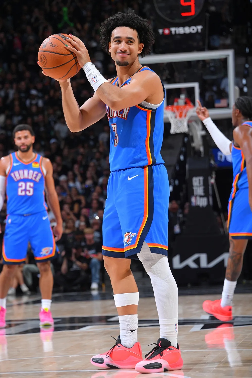 Jared McCain 3 of the Oklahoma City Thunder smiles against the San Antonio Spurs on October 20, 2026 at the Frost Bank Center in San Antonio, Texas. 
