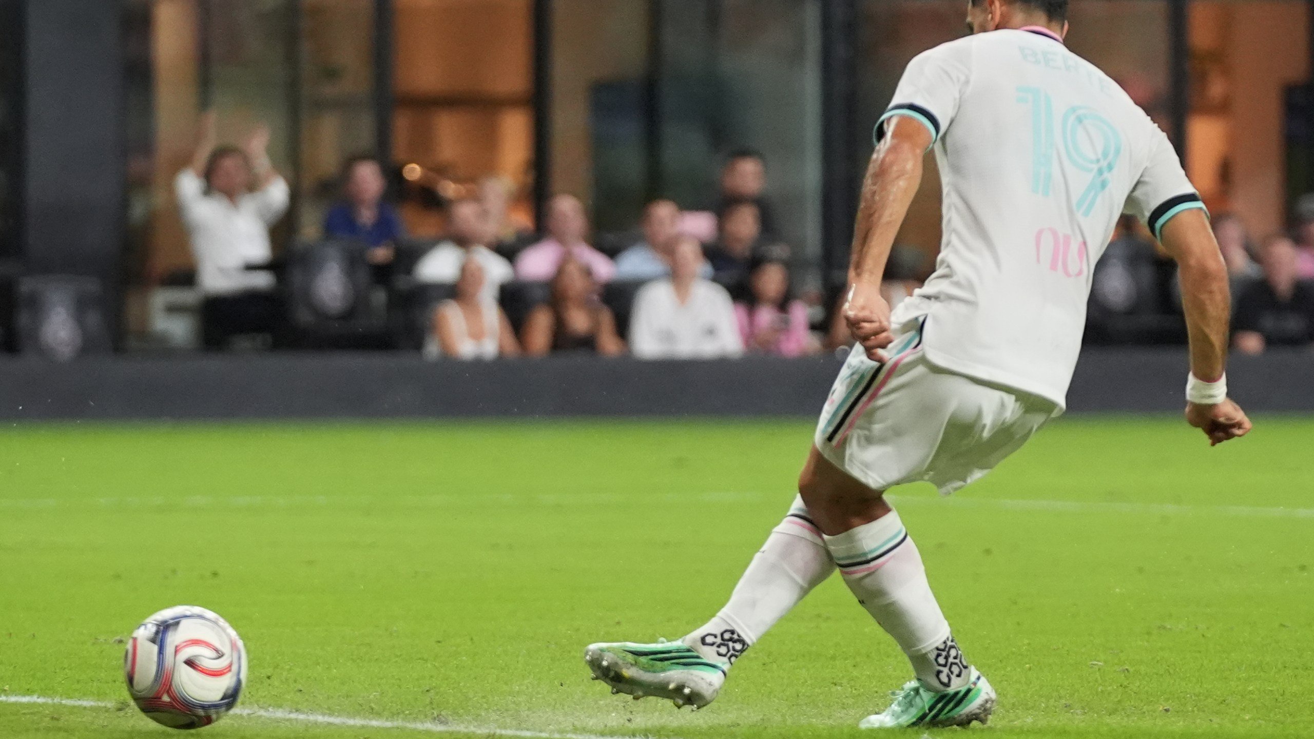 Inter Miami forward Germán Berterame (19) scores a goal during the first half of an MLS soccer match against New York City FC, Wednesday, Oct. 14, 2026, in Miami. (AP Photo/Lynne Sladky)