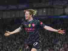 Manchester City's Kevin De Bruyne celebrates scoring the opening goal during the Premier League match between Brighton & Hove Albion and Manche...