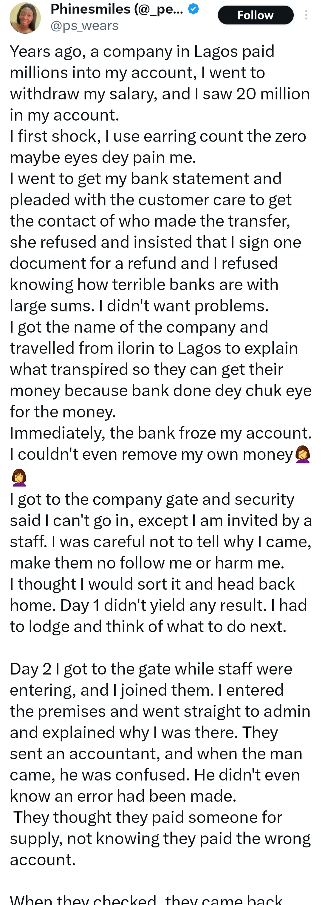 Woman who was erronously credited with N20million from a company reveals how she made things right