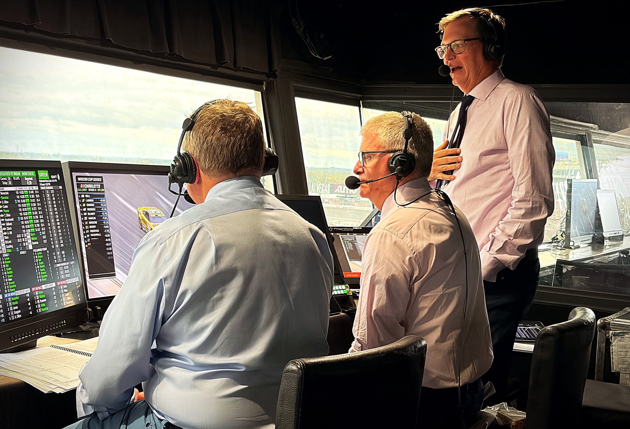 Leigh Diffey, Jeff Burton and Steve Letarte call the Bank of America 400 at Charlotte Motor Speedway for USA Sports on Sunday, Oct. 11, 2026.