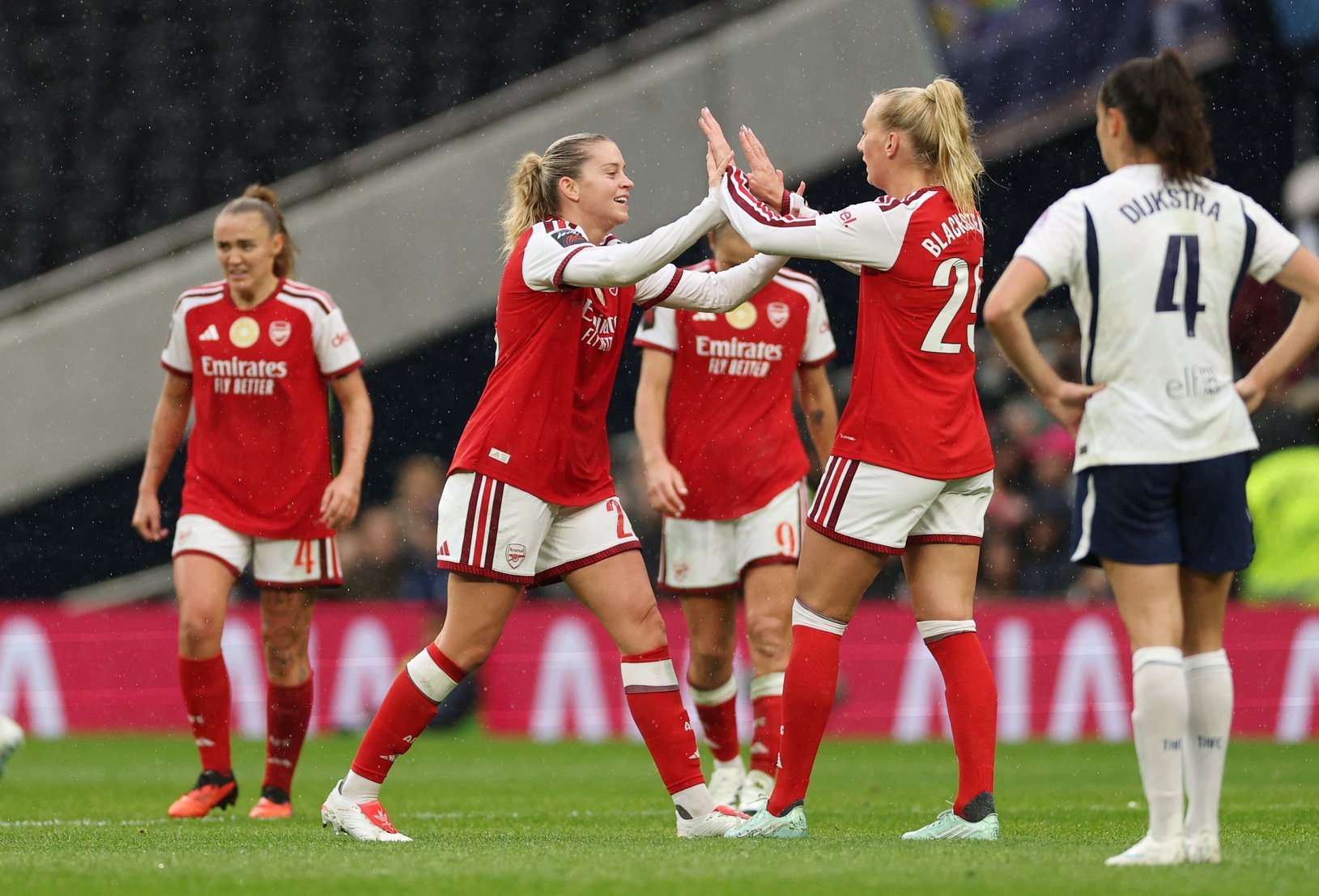Alessia Russo and Stina Blackstenius celebrate after beating Tottenham 2-1