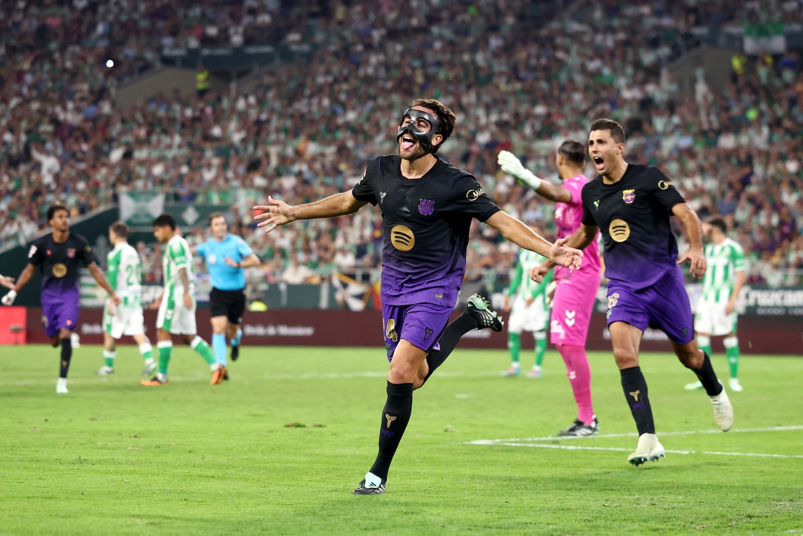 Eric Garcia celebrates scoring Barcelona's fourth goal during the La Liga match between against Real Betis at Estadio La Cartuja in Seville. Photograph: Fran Santiago/Getty Images
