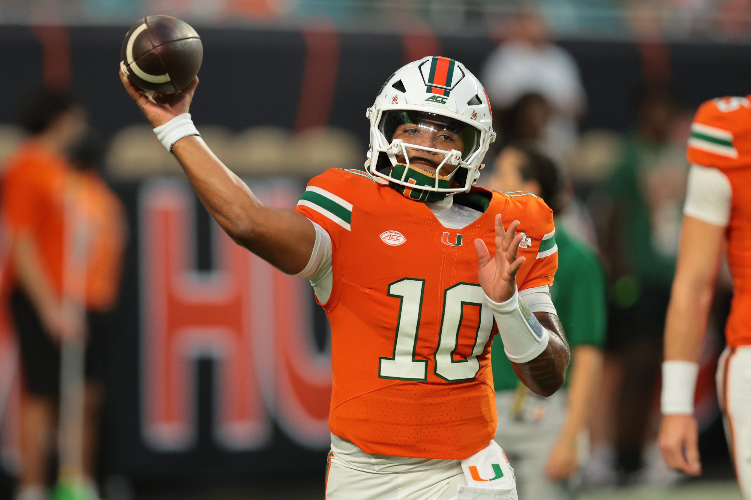 Sep 10, 2026; Miami Gardens, Florida, USA;  Miami Hurricanes quarterback Darian Mensah (10) warms up before the game against the Florida A&amp;M Rattlers at Hard Rock Stadium.  Mandatory Credit: Sam Navarro-Imagn Images