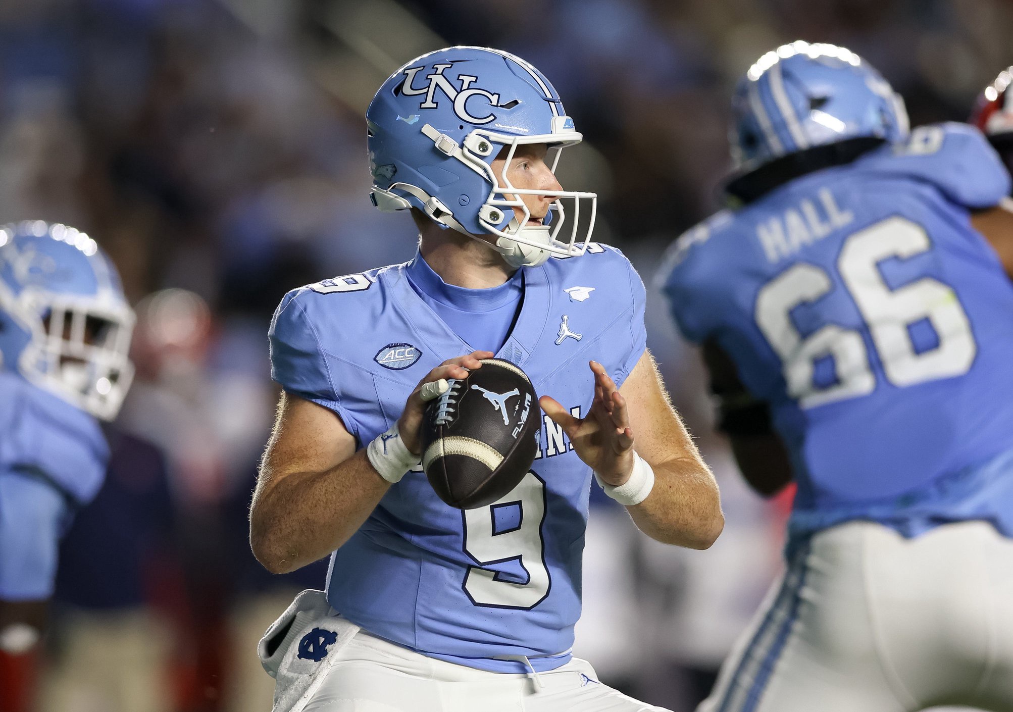 Oct 24, 2026; Chapel Hill, North Carolina, USA;  North Carolina Tar Heels quarterback Billy Edwards Jr. (9) prepares to throw during the second quarter against Syracuse Orange at Kenan Stadium.  Mandatory Credit: Cory Knowlton-Imagn Images