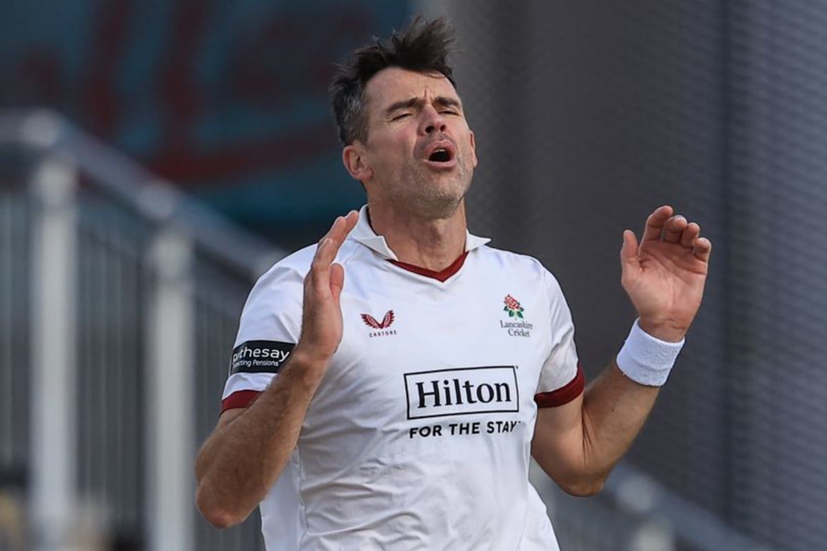James Anderson of Lancashire bowls during the Rothesay County Championship match between Lancashire and Gloucestershire at Old Trafford in Manchester, on September 8, 2026. (Photo by Chris Donnelly/MI News/NurPhoto via Getty Images)