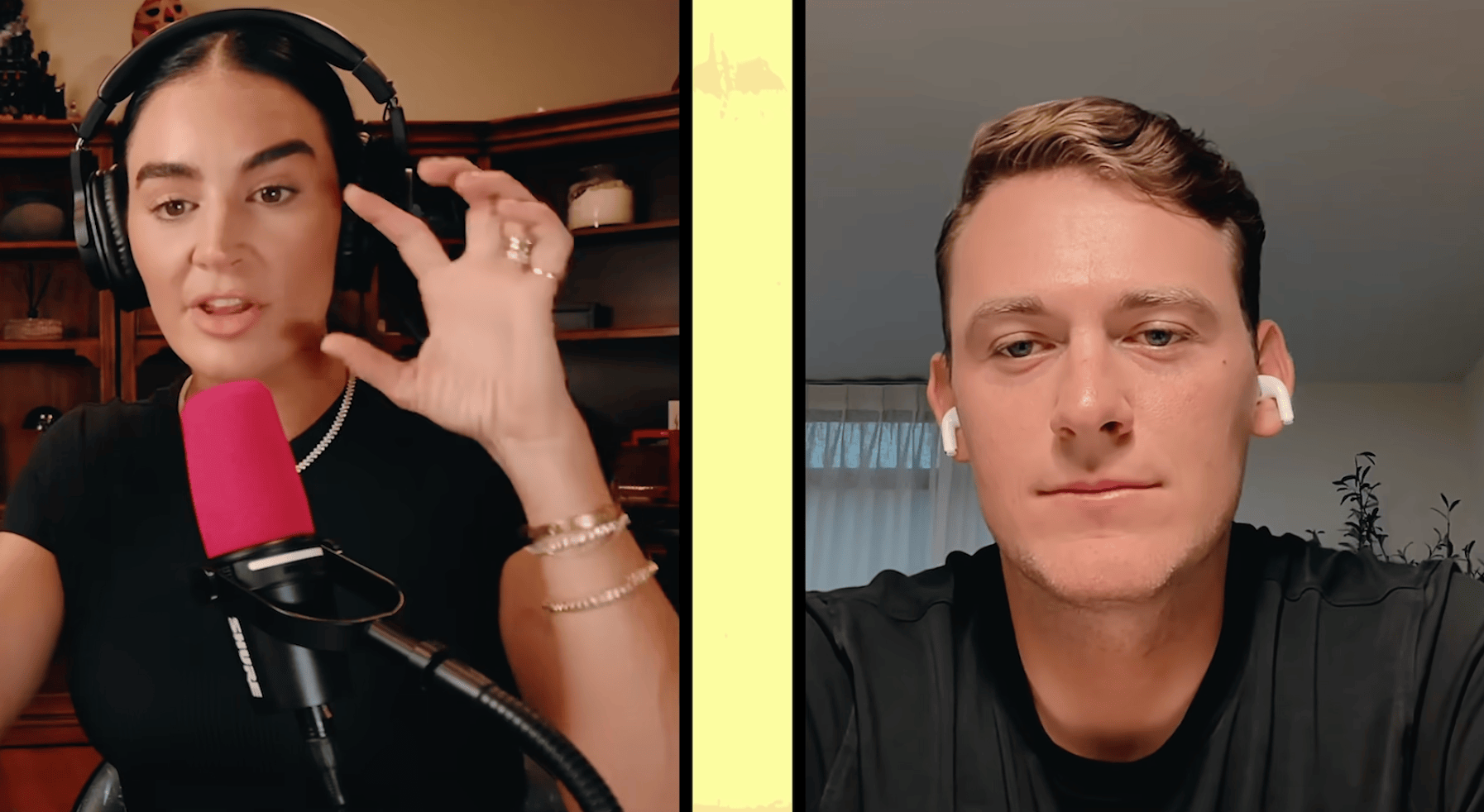 Collage of two people on a video call, with a woman speaking into a pink microphone on the left and a man listening on the right.