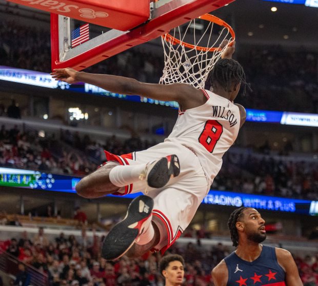Bulls forward Caleb Wilson dunks during the first quarter against the Wizards on Saturday, Oct. 24, 2026, at the United Center. (Arthur Maiorella/Chicago Tribune)
