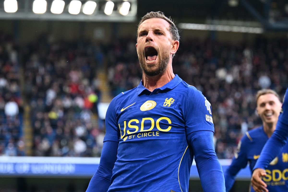 Jordan Henderson of Chelsea celebrates scoring his team’s fifth goal during the Premier League 2026/27 match between Chelsea FC and AFC Bournemouth at Stamford Bridge on October 10, 2026 in London, England