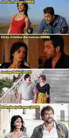 Penélope Cruz and Javier Bardem scenes from Jamón, Jamón (1992), Vicky Cristina Barcelona (2008), Loving Pablo (2017), and Everybody Knows (2018)