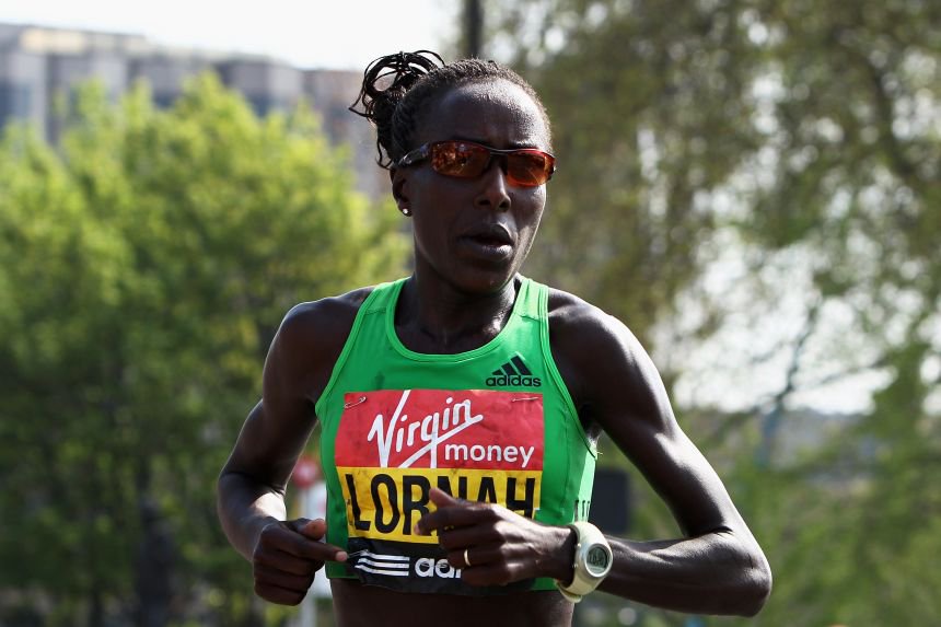 Lornah Kiplagat in action during the 2011 London Marathon, in England.