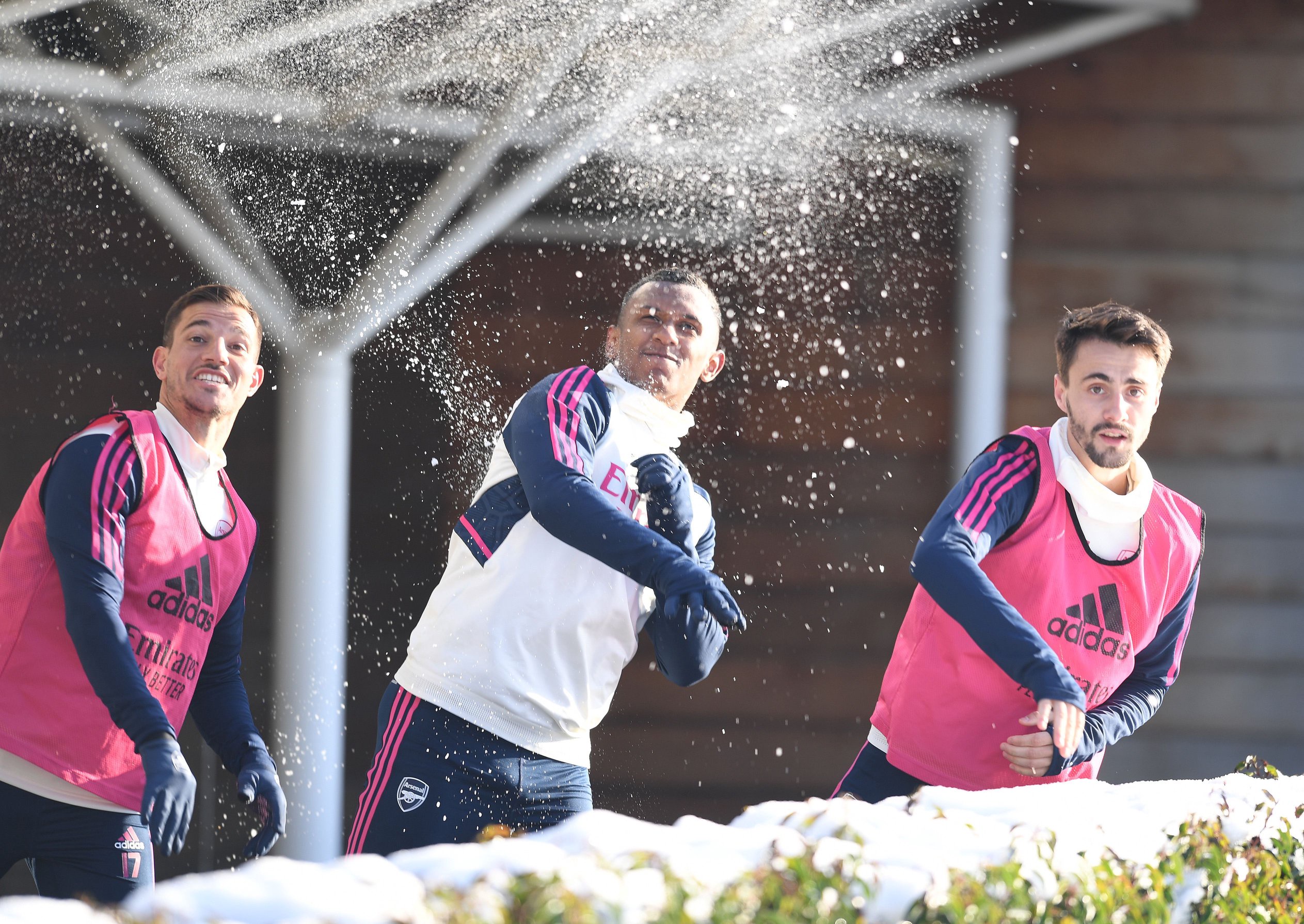 Arsenal players involved in a snowball fight during training session at London Colney (Photos)