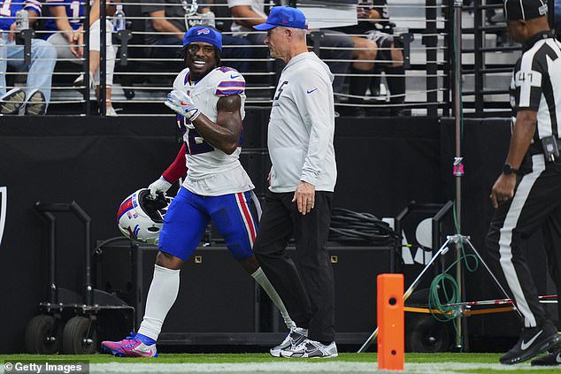 Bills star CJ Gardner-Johnson was seen grinning after being ejected on Sunday afternoon