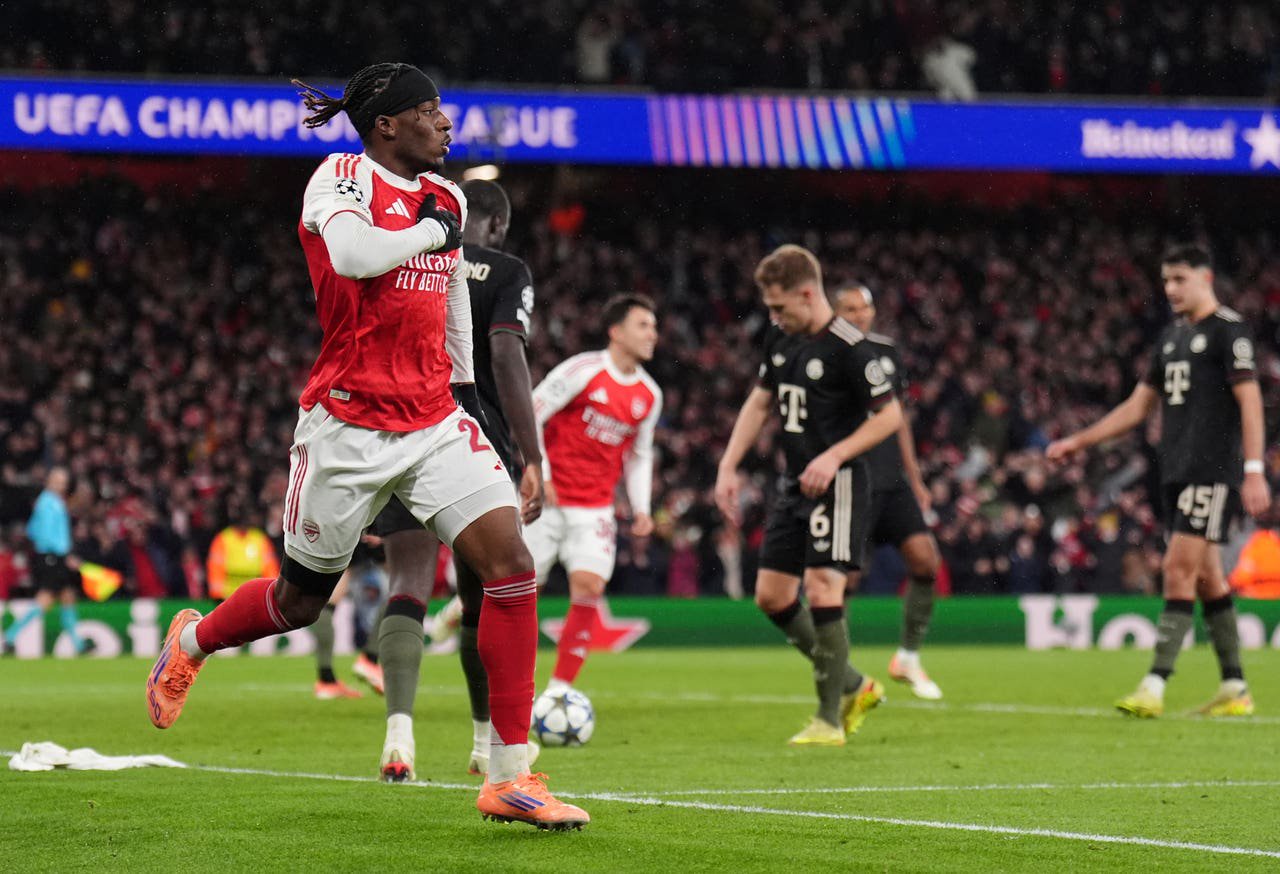 Arsenal’s Noni Madueke celebrates after scoring against Bayern Munich last season