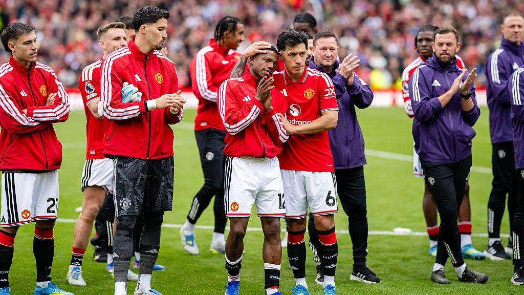 Tyrell Malacia (centre) with Lisandro Martinez (number six) at Old Trafford