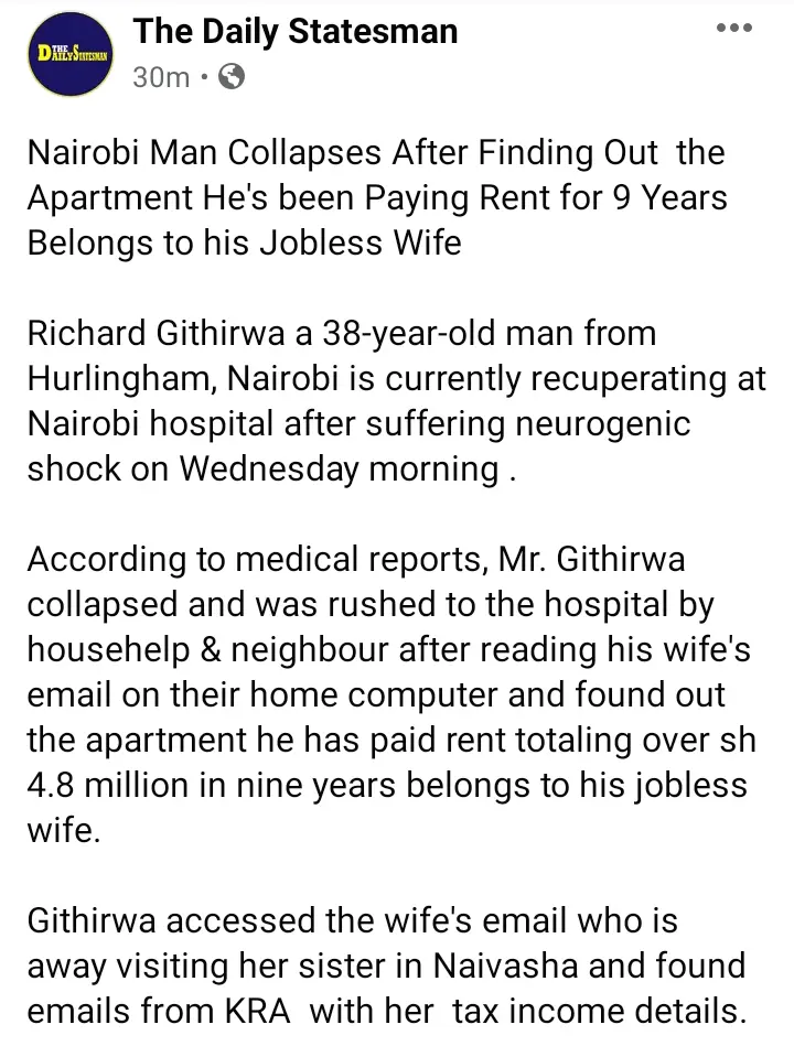 husband faints after discovering the Apartment He Has Been Paying Rent For 9 Years Belongs To Wife