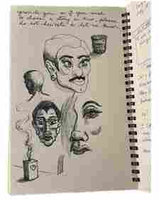 Hand drawn illustrations fill the page: multiple faces, including a disgruntled masculine presenting person, a masculine face with long eyelashes and an earring, a person’s head from behind, and a feminine face, half obscured by shading lines; a burning candle with a heart engraved upon it that is producing a tendril of smoke; a bin-like object; a sharp angle accentuated with shading lines.