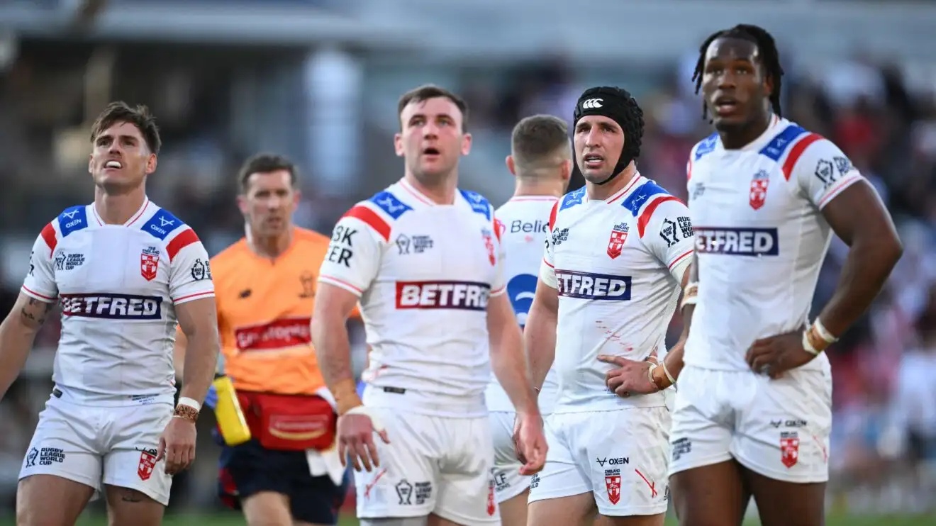 England players look on during their World Cup defeat to Tonga.