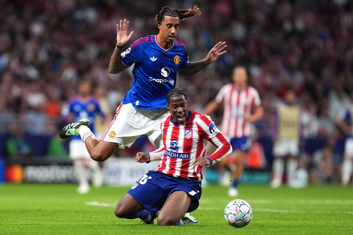 Man Utd defender Leny Yoro was sent off for a foul on Jonathan David after VAR intervened.