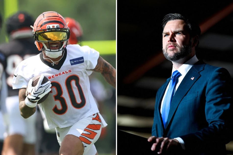Chase Brown of the Cincinnati Bengals (l.) and Vice President JD Vance (r.). A video taken on Wednesday appears to show Bengals players ignoring Vance after the vice president made a surprise visit to their practice.