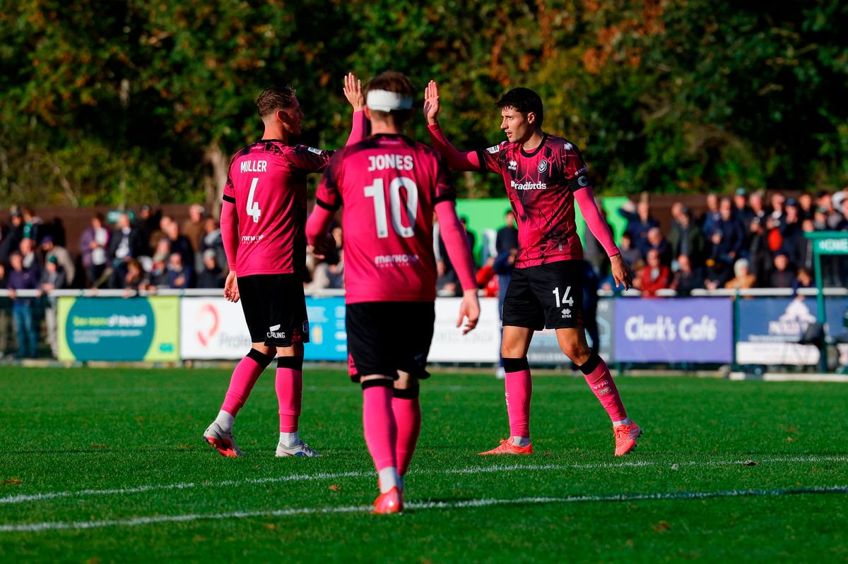 Goal celebrations for Brett McGavin of Yeovil Town during the Emirates FA Cup Fourth Qualifying  Round  match between Leatherhead and Yeovil Town at Fetcham Grove, Leathehead on 17 October 2026 (Photo: Isabel Falle/PPAUK)