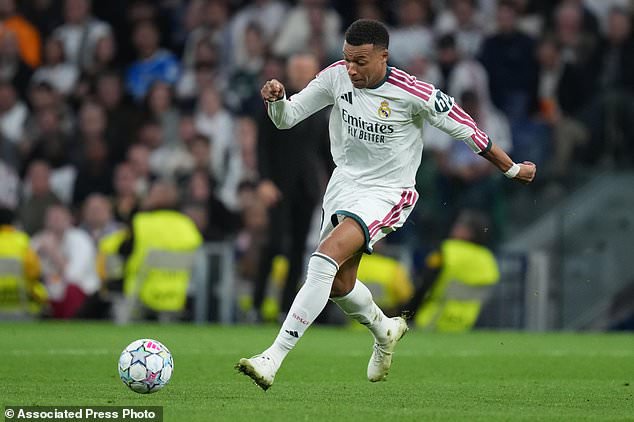 Real Madrid's Kylian Mbappe is in action during the Champions League opening phase soccer match between Real Madrid and Leipzig in Madrid, Wednesday, Oct. 21, 2026. (AP Photo/Bernat Armangue)