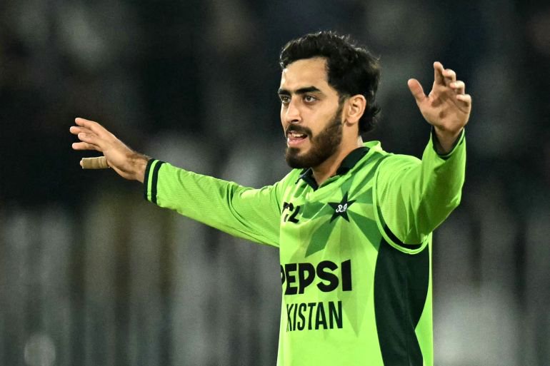 Pakistan's Arafat Minhas celebrates after taking his fifth wicket to dismiss England's Will Jacks during the one-day international (ODI) tri-series cricket match between Pakistan and England at the Rawalpindi Cricket Stadium in Rawalpindi on October 20, 2026. (Photo by Aamir QURESHI / AFP)
