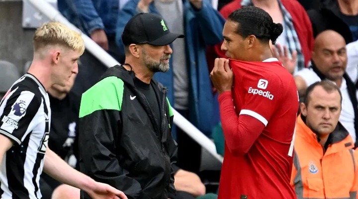 Liverpool's Virgil van Dijk leaves the pitch after being sent off against Newcastle in the Premier League in August 2023.