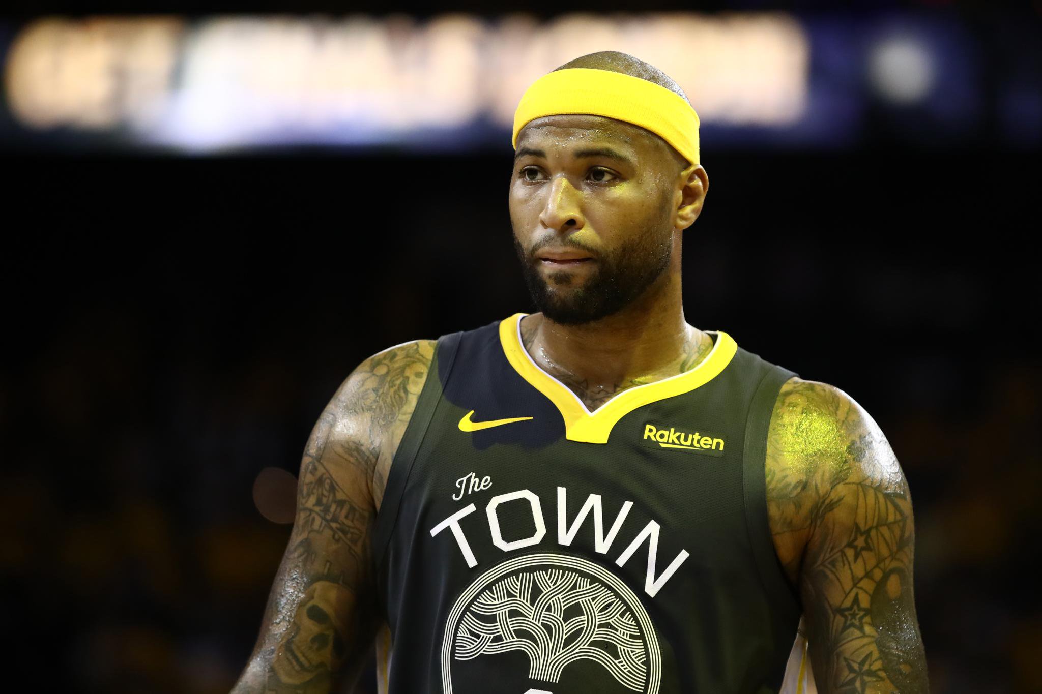 DeMarcus Cousins of the Golden State Warriors reacts against the Toronto Raptors in the second half during Game Six of the 2019 NBA Finals at ORACLE Arena in Oakland, California, Thursday, June 13, 2019.