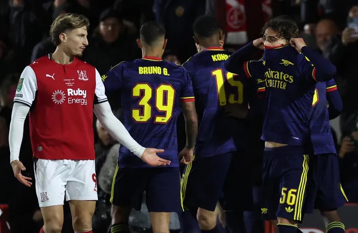 NO WAY: Max Dowman in disbelief after being sent off against Will Davies’ Fleetwood on Tuesday