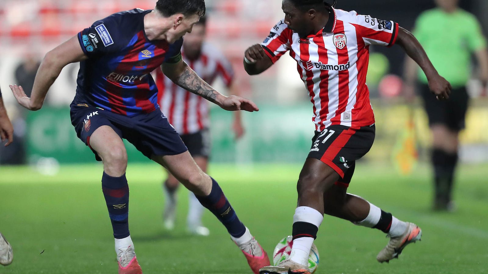 Derry City Kevin Dos Santos with Joseph Redmond of St Patrick's Athletic at Brandywell on Monday 19th October 2026. PICTURE: MARGARET MCLAUGHLIN