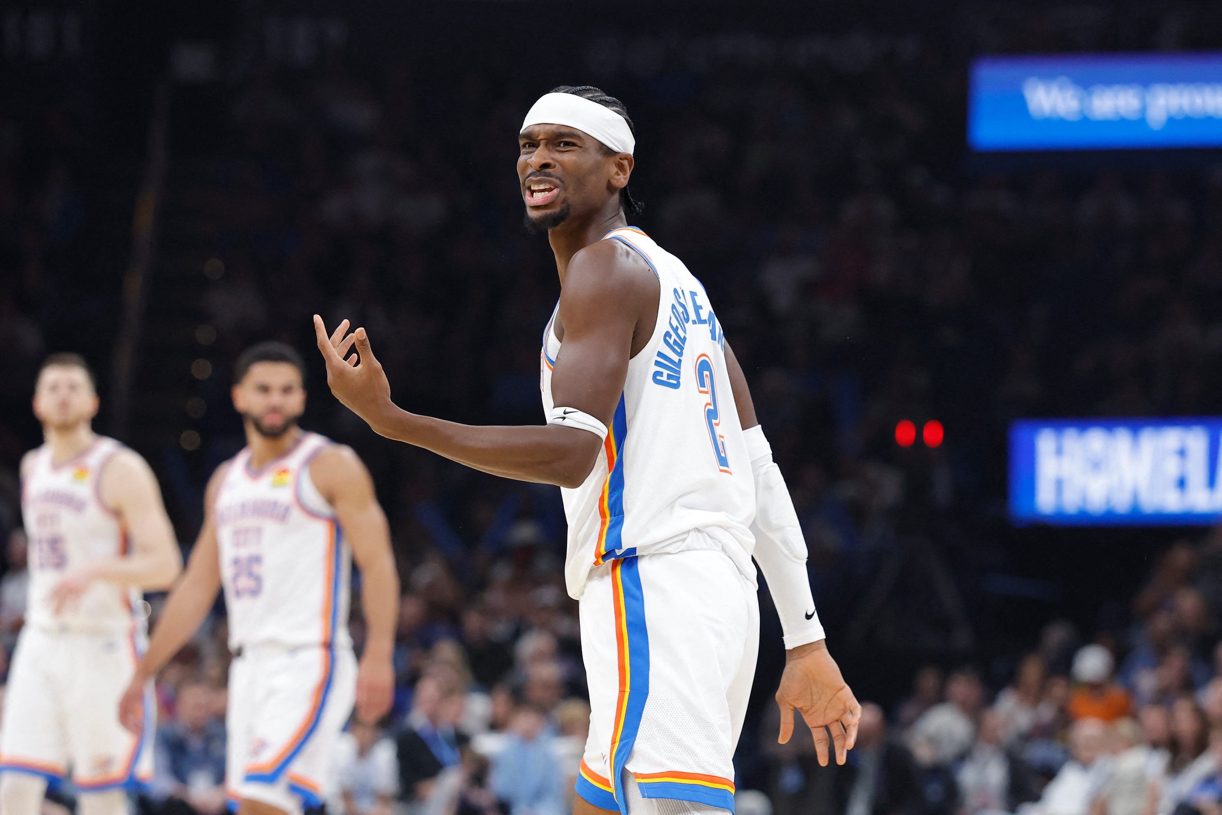 Oct 25, 2026; Oklahoma City, Oklahoma, USA; Oklahoma City Thunder guard Shai Gilgeous-Alexander (2) reacts after a play against the Los Angeles Clippers during the first half at Paycom Center. Mandatory Credit: Alonzo Adams-Imagn Images