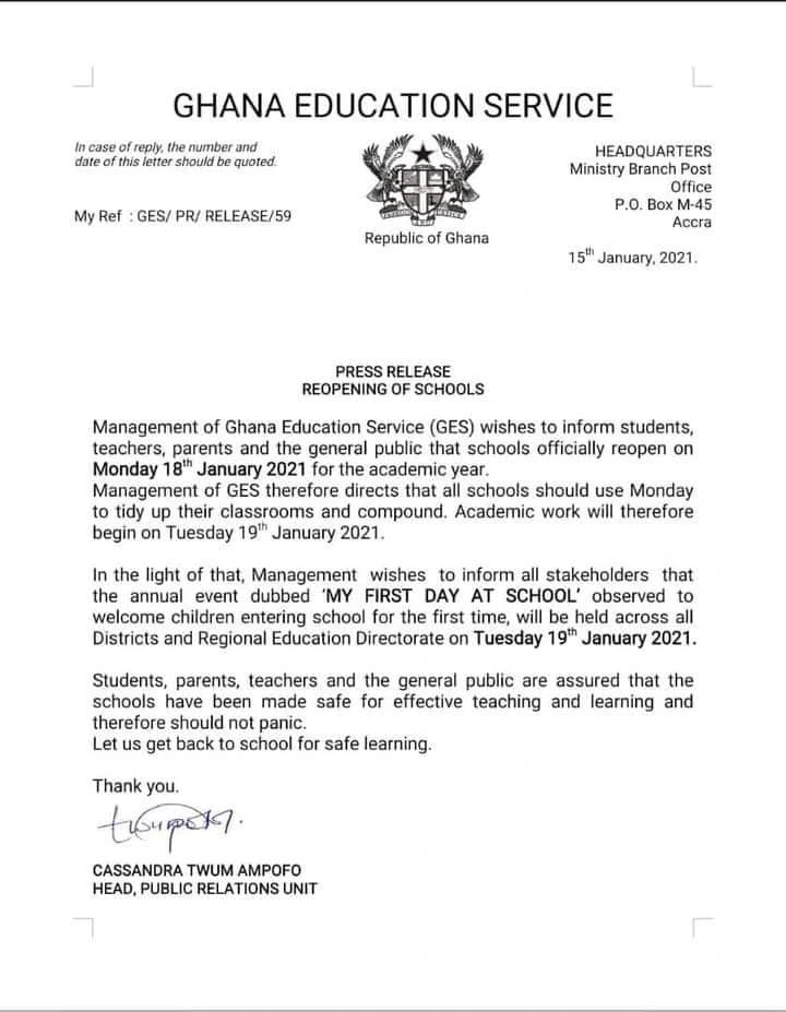GES Gives New Update On The Date For Reopening of Schools And Academic Work In Latest Press Release -[SEE RELEASE] 1