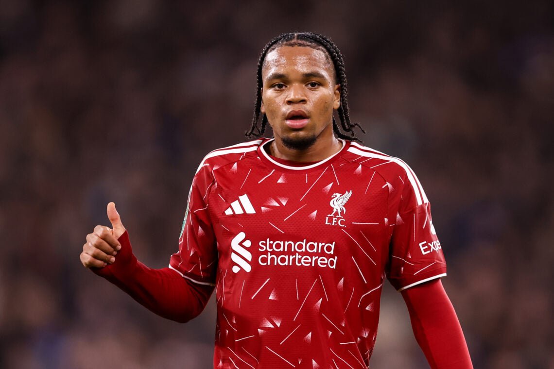 Rio Ngumoha gives a thumbs up during Liverpool's Carabao Cup fourth round match against Chelsea at Anfield