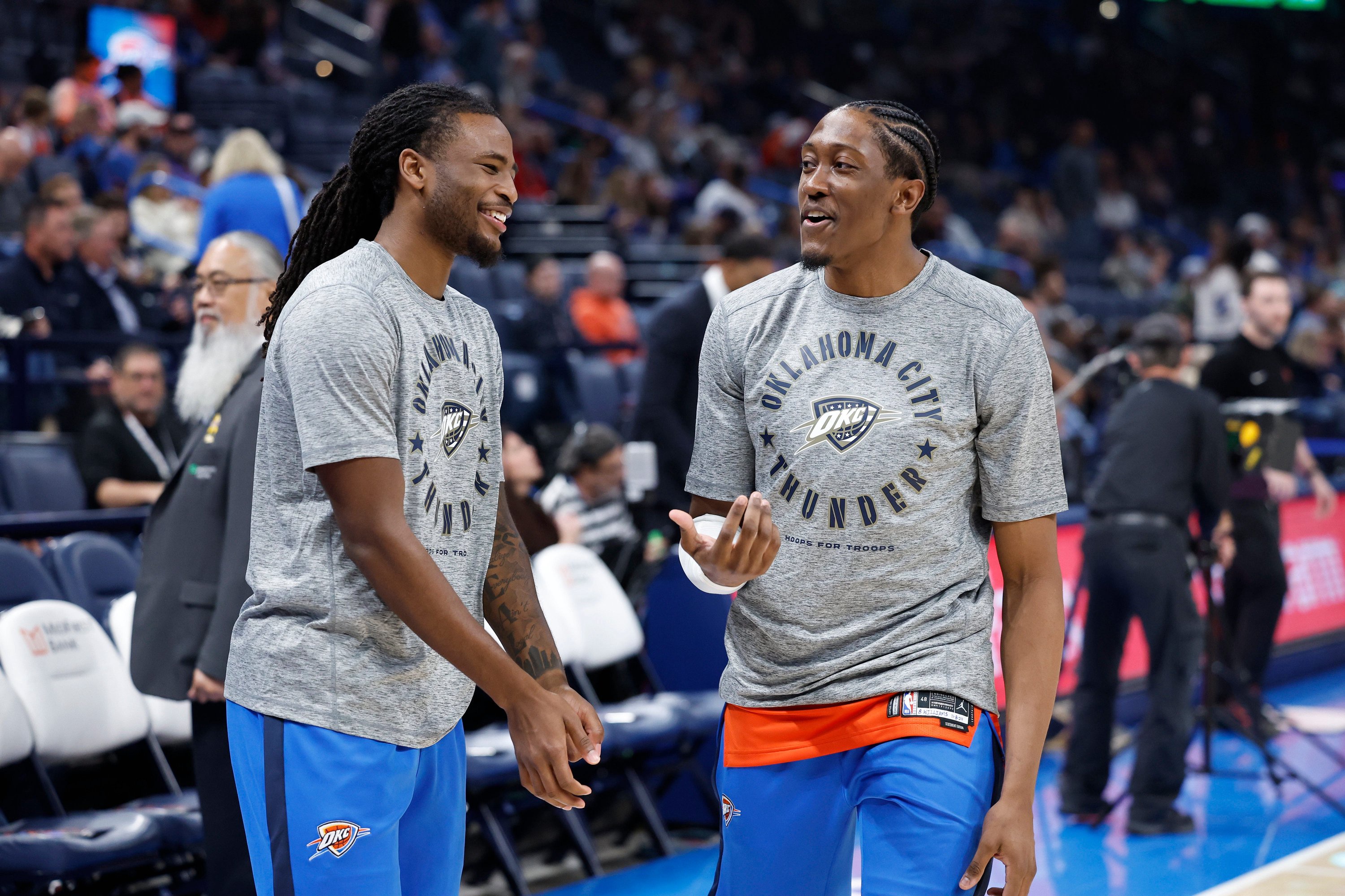 Nov 8, 2024; Oklahoma City, Oklahoma, USA; Oklahoma City Thunder guard Cason Wallace (22) and forward Jalen Williams (8) before the start of a game against the Houston Rockets at Paycom Center. Mandatory Credit: Alonzo Adams-Imagn Images