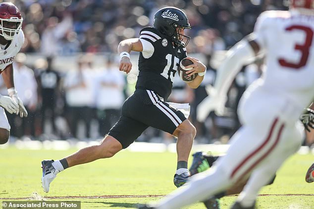 Mississippi State quarterback Parker Puckett (15) runs for a first down against Oklahoma during the first half of an NCAA college football game in Starkville, Miss., Saturday, Oct. 24, 2026. (AP Photo/James Pugh)