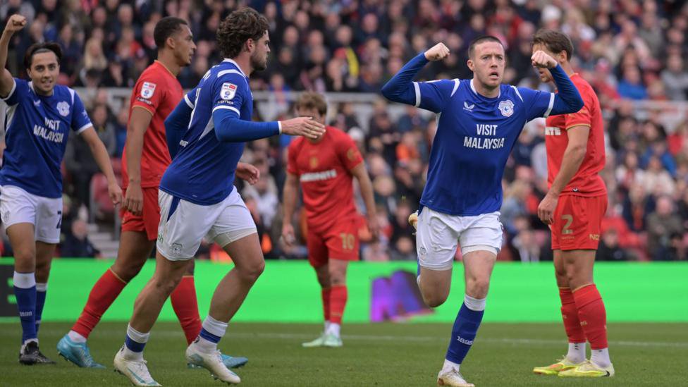 Jack Moylan celebrates for Cardiff City after scoring against Middlesbrough