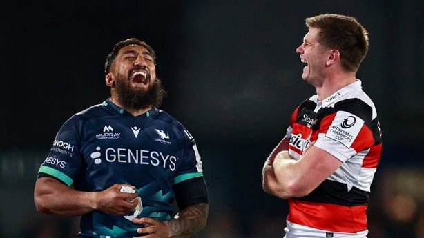 17 October 2026; Bundee Aki of Connacht and Owen Farrell of Saracens share a laugh after the Investec Champions Cup Round 1 match between Connacht and Saracens at Dexcom Stadium in Galway. Photo by Thomas Flinkow/Sportsfile