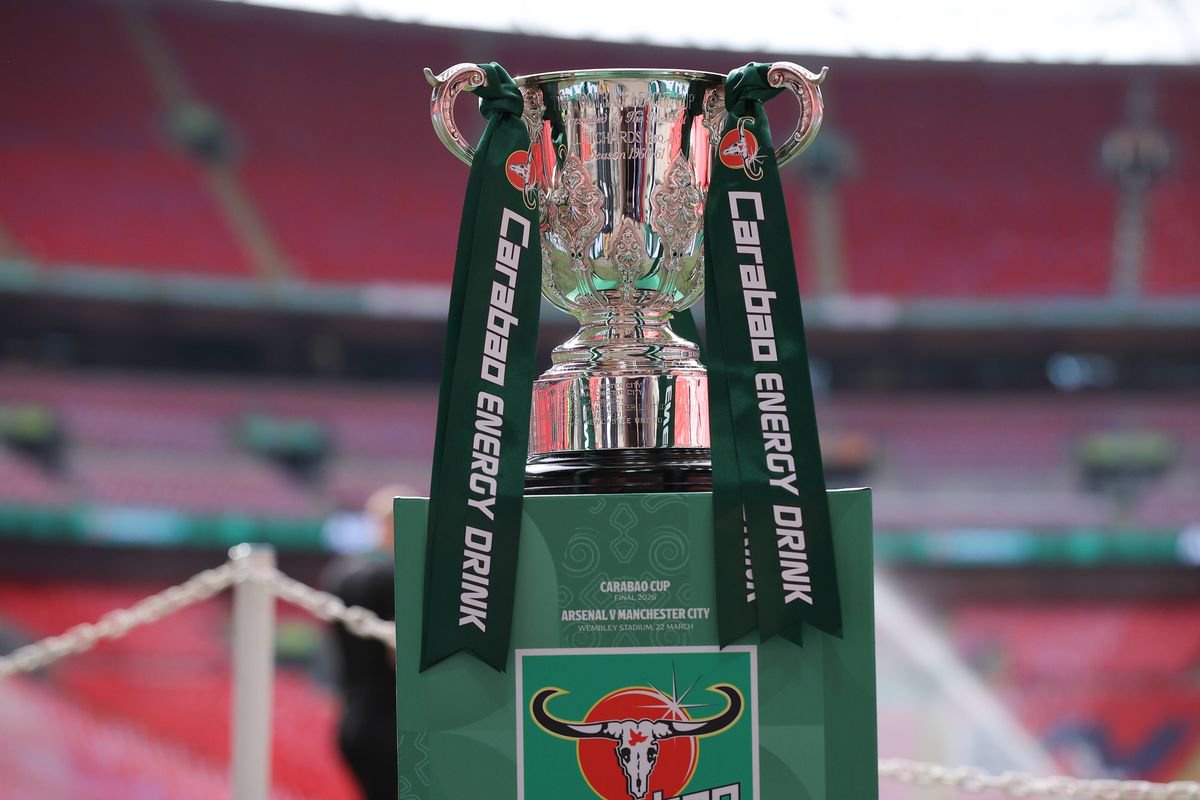 The Carabao Cup trophy is seen on a branded plinth during the Carabao Cup Final match Arsenal and between Manchester City at Wembley Stadium on March 22, 2026 in London, England. 