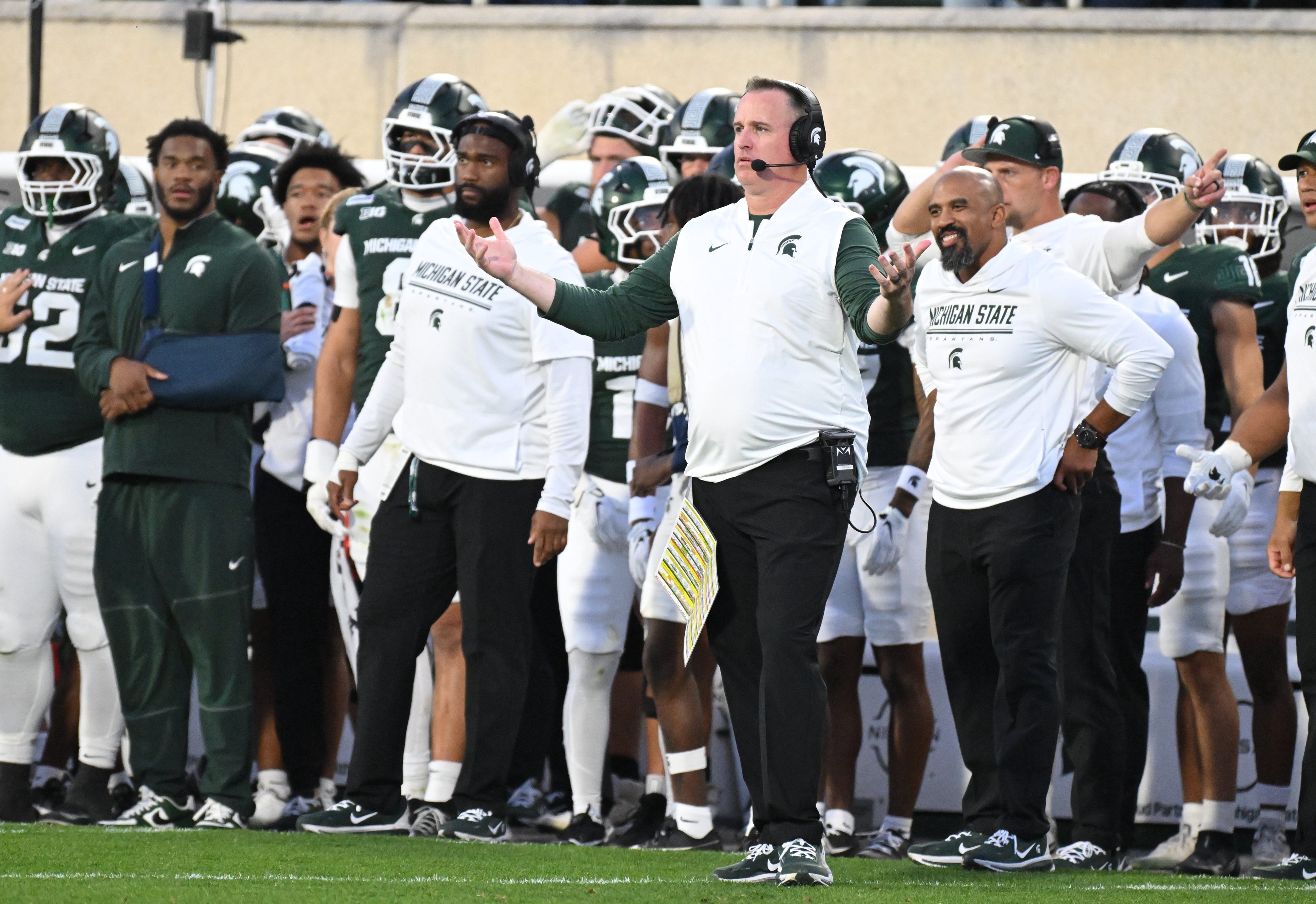 Michigan State Spartans head coach Pat Fitzgerald protests calls that went against the Michigan State Spartans during the fourth quarter against Illinois Fighting Illini on Oct 10, 2026; at Spartan Stadium. 