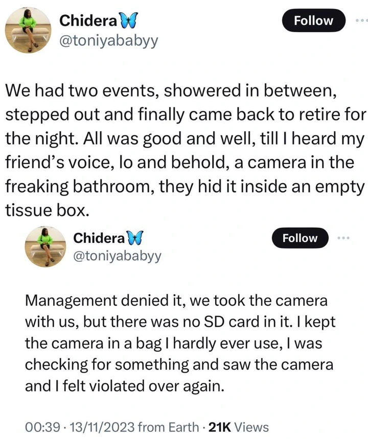 Lady calls out a short let apartment for allegedly hiding a camera in its bathroom