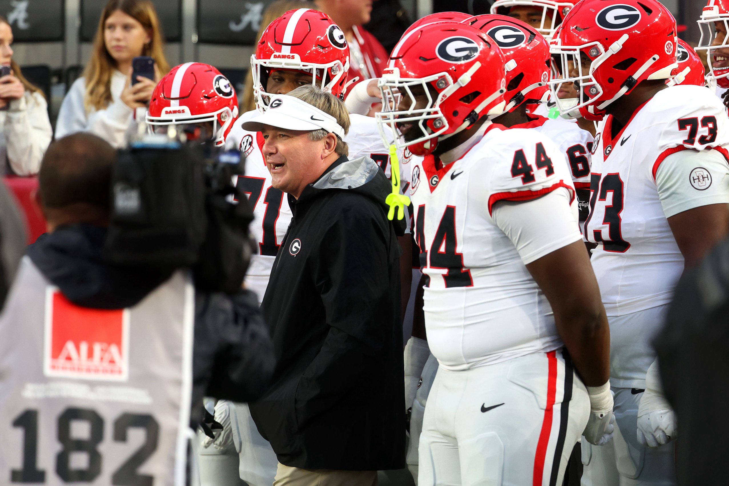 Oct 10, 2026; Tuscaloosa, Alabama, USA; Georgia Bulldogs head coach Kirby Smart prepares to lead his team onto the field for warmups before a game against the Alabama Crimson Tide at Saban Field at Bryant-Denny Stadium. Mandatory Credit: David Leong-Imagn Images
