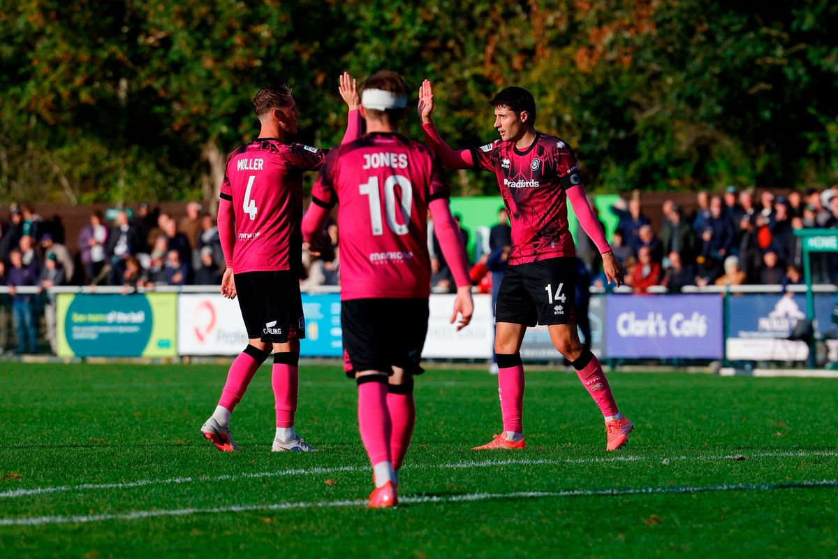 Goal celebrations for Brett McGavin of Yeovil Town during the Emirates FA Cup Fourth Qualifying  Round  match between Leatherhead and Yeovil Town at Fetcham Grove, Leathehead on 17 October 2026 (Photo: Isabel Falle/PPAUK)