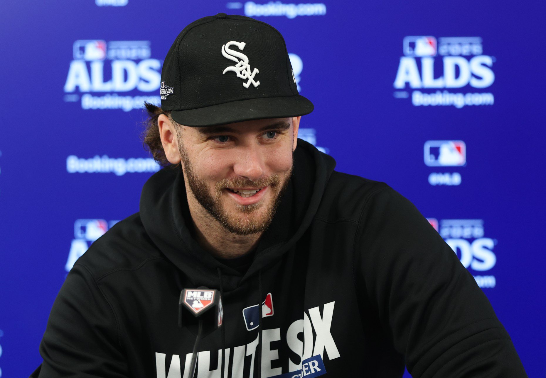 White Sox pitcher Sean Burke answers reporters' questions before a workout on Oct. 4 in Cleveland. (John J. Kim/Chicago Tribune)