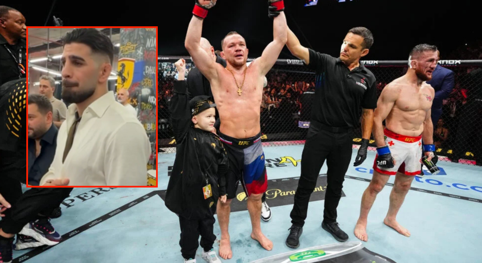 Petr Yan gets his hand raised at UFC 333, inset of Ilia Topuria reacting to the result